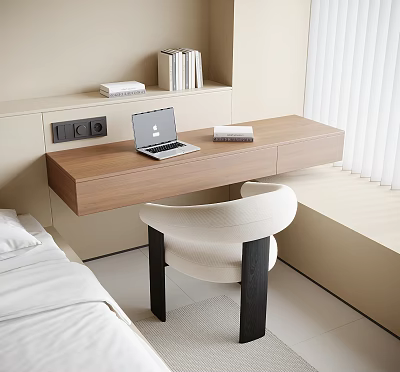 Modern Wooden Desk with Laptop Books and White Chair in Bedroom Window Blinds 3d model