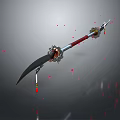 Ornate Long Handled Weapon With Sharp Curved Blade Red Accents And Floating Red Particles 3d model