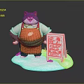 Gray 3D Cartoon Cat Wearing Red Green Apron Standing By Blank Whiteboard On Base