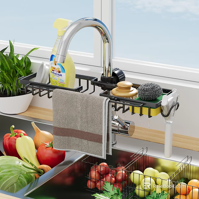 Kitchen Sink With Faucet Organizer Rack Dish Soap Sponge Towel And Fresh Vegetables 3d model 