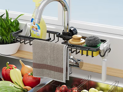 Kitchen Sink With Faucet Organizer Rack Dish Soap Sponge Towel And Fresh Vegetables 3d model