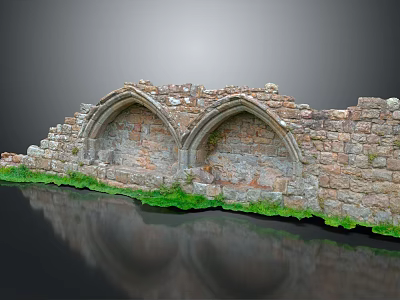 Ancient Stone Wall Ruins With Two Arched Structures Green Moss And Water Reflection 3d model