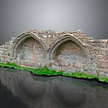 Ancient Stone Wall Ruins With Two Arched Structures Green Moss And Water Reflection