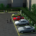Parking Lot With Multiple Parked Cars Railing And Green Plants Near High Rise Buildings