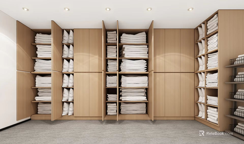 Modern Walk in Closet Interior With Wooden Cabinets Neatly Folded Clothes And Hanging Sections 3d model 