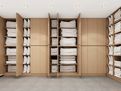 Modern Walk in Closet Interior With Wooden Cabinets Neatly Folded Clothes And Hanging Sections 3d model