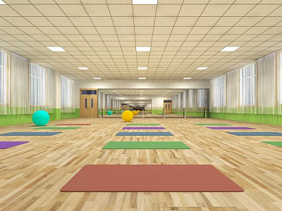 Spacious Indoor Fitness Studio With Colorful Yoga Mats And Exercise Balls For Workouts 3d model