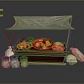 Traditional Street Food Stall With Canopy Wooden Display And Food Bowls Sacks