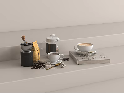 Coffee Cups With Coffee Pot Beans Spoon And Book On White Shelf 3d model
