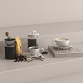 Coffee Cups With Coffee Pot Beans Spoon And Book On White Shelf