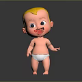 Cute Blonde Hair Baby Doll In White Diaper Standing On Dark Background