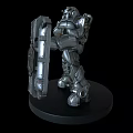 Silver Mechanical Game and Movie Robot Character With Shield Standing on Black Base