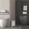 Modern Bathroom Interior With White And Grey Toilets Shelf Trash Bin And Towel Rack