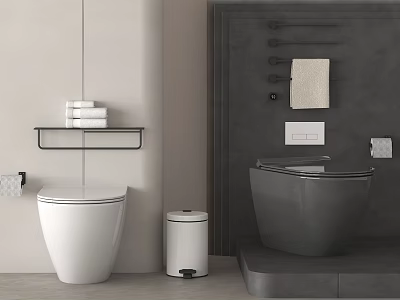Modern Bathroom Interior With White And Grey Toilets Shelf Trash Bin And Towel Rack 3d model