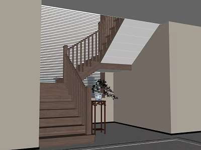 Wooden Staircase With Handrail And Small Side Table With Vase Plants Near Window Blinds 3d model