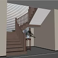 Wooden Staircase With Handrail And Small Side Table With Vase Plants Near Window Blinds