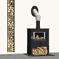 Modern Fireplace Stove Firewood Pile Wood Pile 3d model