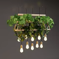 Green Foliage Decorative Chandelier With Wooden Frame And Glass Light Bulbs