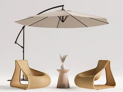 Outdoor Wicker Table And Chair Set With Sun Umbrella And Small Round Side Table 3d model