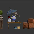 Vintage Indoor Architectural Space With Wooden Table Armchair Decorative Vase Potted Plant And Umbrella