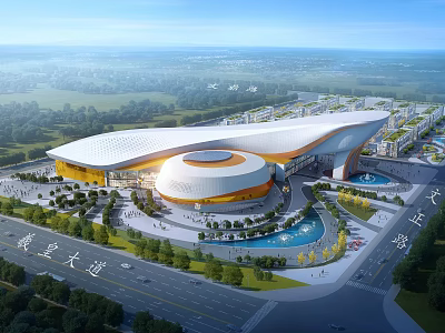 Modern Architectural Landmark With Curved Roof And Orange White Facade In Landscaped Area 3d model