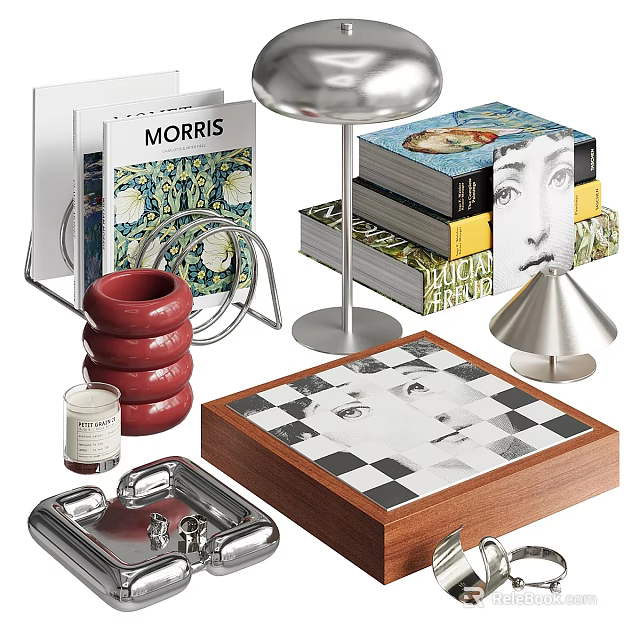 Decorative Ornament Set with Books Red Ring Ornaments Metal Stand Checkerboard Box and Silver Tray 3d model 