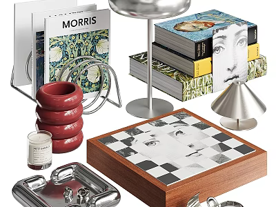 Decorative Ornament Set with Books Red Ring Ornaments Metal Stand Checkerboard Box and Silver Tray 3d model