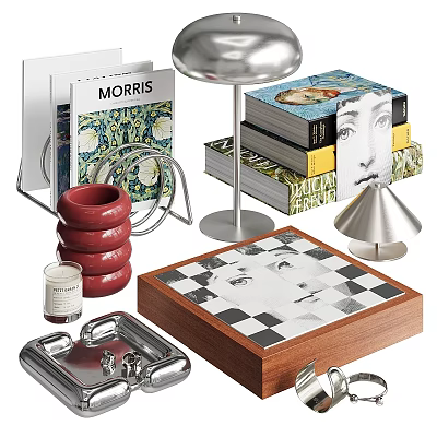 Decorative Ornament Set with Books Red Ring Ornaments Metal Stand Checkerboard Box and Silver Tray 3d model