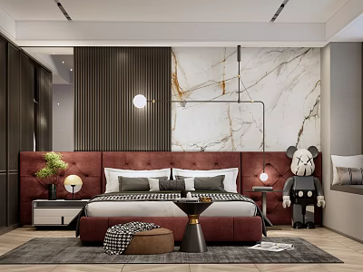 Modern Bedroom With Red Headboard Marble Accent Wall Green Plant And Nightstands 3d model