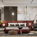 Modern Bedroom With Red Headboard Marble Accent Wall Green Plant And Nightstands