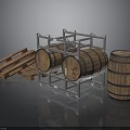Wooden Wine Barrels On Metal Rack With Pallets And Storage