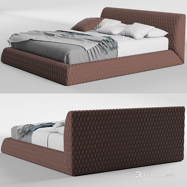 Double Bed With Quilted Brown Frame Gray And White Bedding And Pillows 3d model