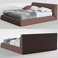Double Bed With Quilted Brown Frame Gray And White Bedding And Pillows 3d model
