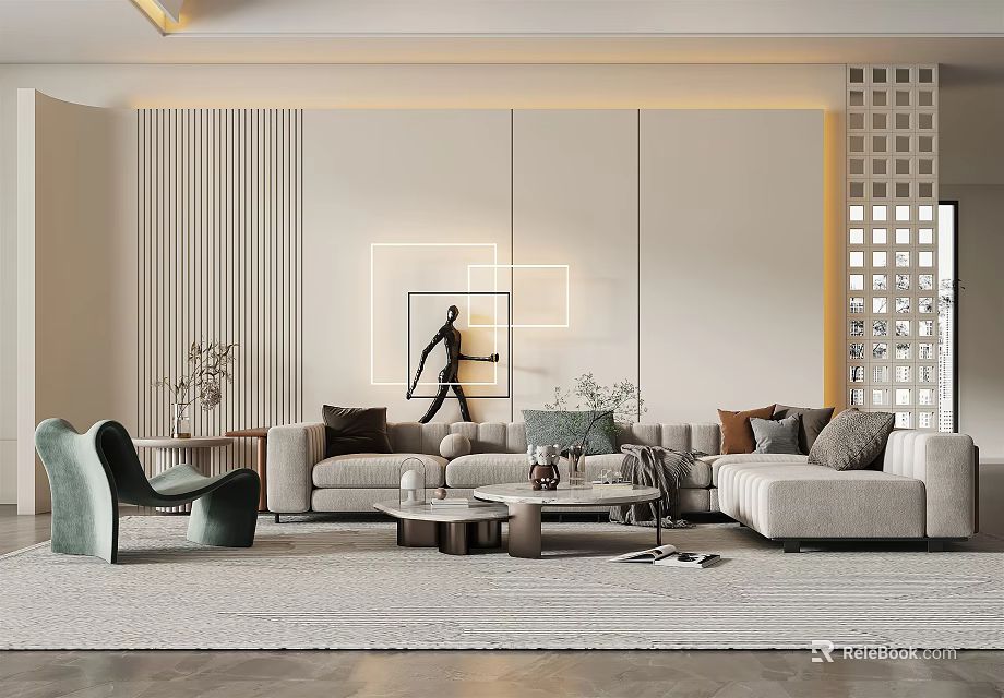 Elegant Modern Sectional Sofa Coffee Table Set With Marble Top Throw Pillows And Accent Chair 3d model 