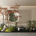 Indoor Landscape Design With Red Maple Tree Round Mirror Rockery Stones Green Plants And Moss
