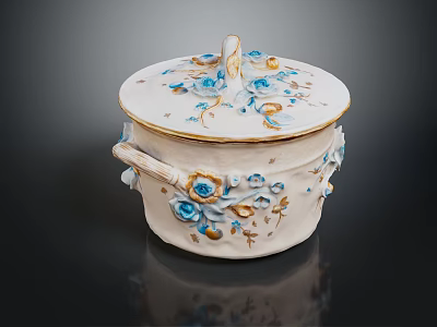 Decorative Ceramic Container With Lid Blue Gold Floral Patterns And Handles 3d model