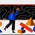 Man Drawing Curved Lines On Blackboard With Surrounding Colorful Geometric Shapes