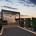 Roof Terrace Garden Featuring Wooden Flooring Potted Plants White Chairs And Sunset City Skyline