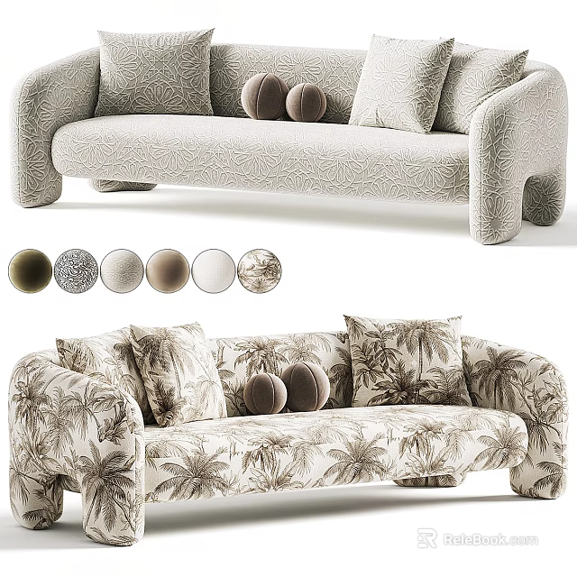 Stylish Two-Seater Sofa with Tropical Palm Leaf Patterns Decorative Cushions and Color Options 3d model 