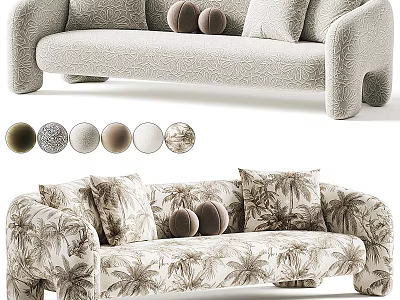Stylish Two-Seater Sofa with Tropical Palm Leaf Patterns Decorative Cushions and Color Options 3d model