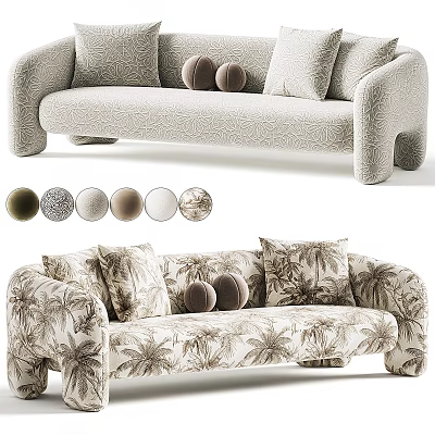 Stylish Two-Seater Sofa with Tropical Palm Leaf Patterns Decorative Cushions and Color Options 3d model