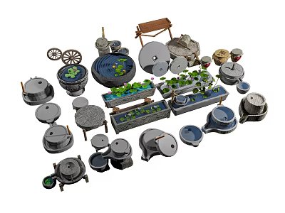 Garden Ornaments Collection With Stone Decor Water Features And Plant Pots 3d model