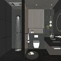 Modern Dark Bathroom Interior With Tile Walls Shower Area Round Mirror And Vanity