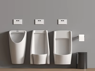 Three White Urinals On Gray Wall With Flush Controls Trash Bin And Toilet Paper Holder 3d model