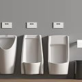 Three White Urinals On Gray Wall With Flush Controls Trash Bin And Toilet Paper Holder