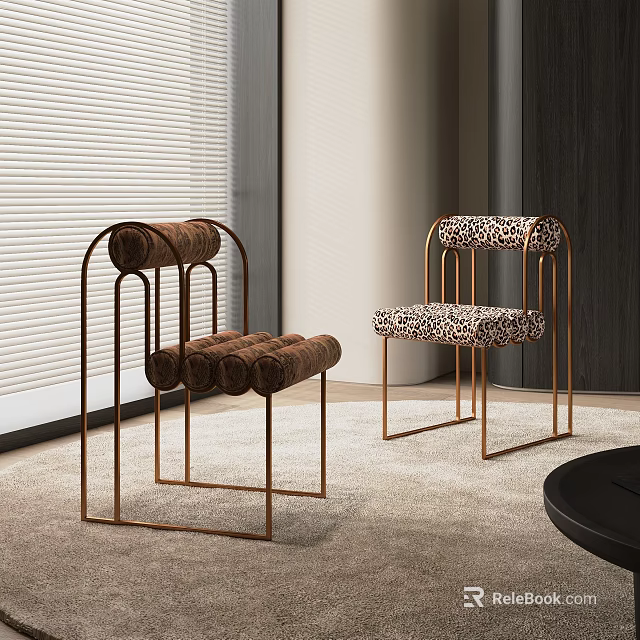 Modern Minimalist Leisure Chairs with Metal Frame and Brown Leopard Print Upholstery in Interior Space 3d model 