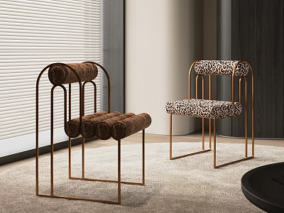 Modern Minimalist Leisure Chairs with Metal Frame and Brown Leopard Print Upholstery in Interior Space 3d model