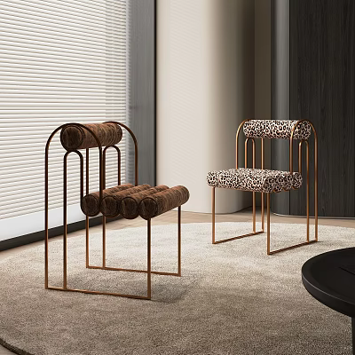 Modern Minimalist Leisure Chairs with Metal Frame and Brown Leopard Print Upholstery in Interior Space 3d model