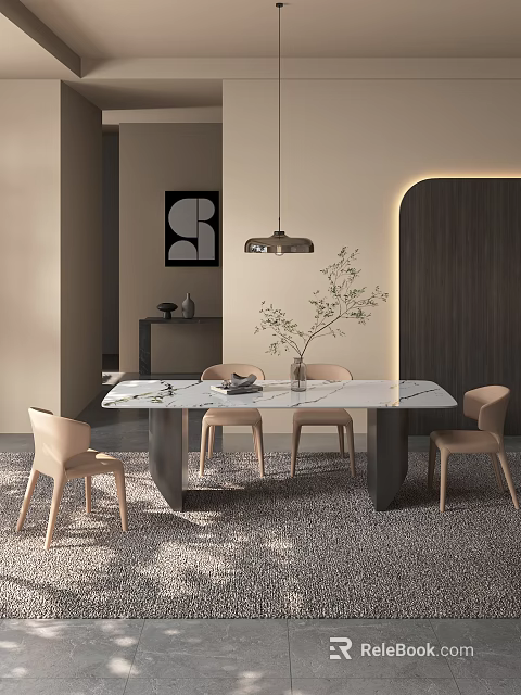 Modern Dining Table Set With Marble Top Beige Chairs Plant And Pendant Light 3d model 