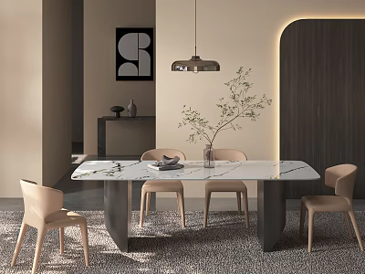 Modern Dining Table Set With Marble Top Beige Chairs Plant And Pendant Light 3d model